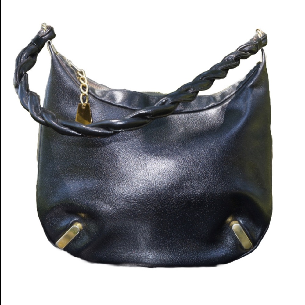 Vintage purse Black / goldstone / zipper / small to medium size / braided handle